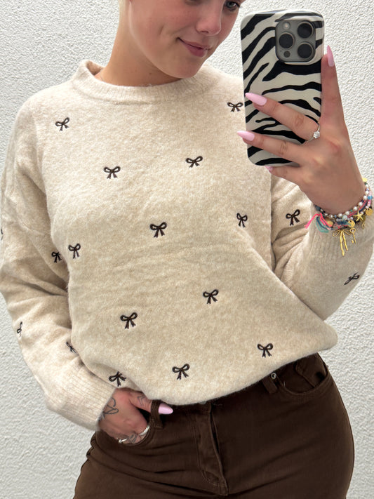 Bow Knitted Sweater Beige