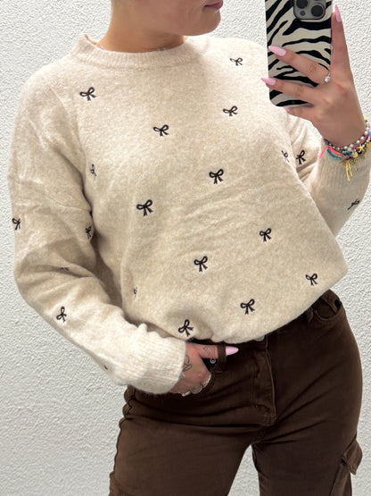 Bow Knitted Sweater Beige